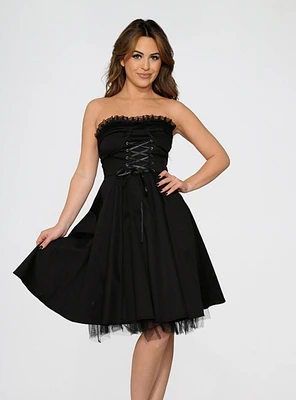 Black Strapless Lace Up Front Dress