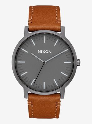 Nixon Porter Leather Gunmetal Charcoal Taupe Watch