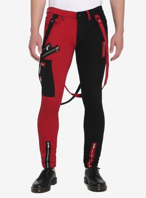 HT Denim Black & Red Colorblock Suspender Stinger Jeans