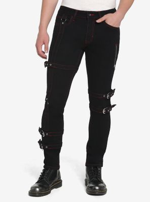 Black & Red Stitch Strap Skinny Jeans