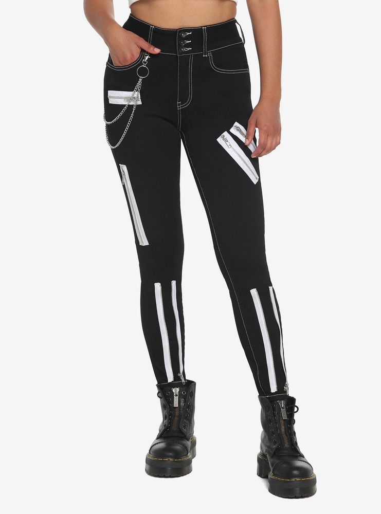 Black & White Zipper Super Skinny Jeans