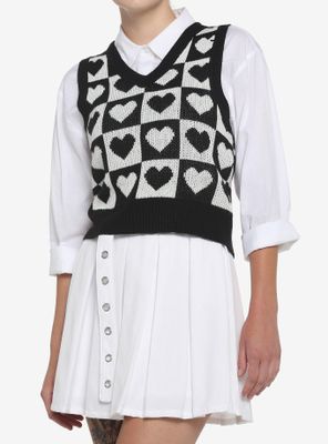Black & White Checkered Heart Girls Crop Sweater Vest