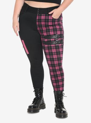 Black & Pink Plaid Split Super Skinny Jeans Plus