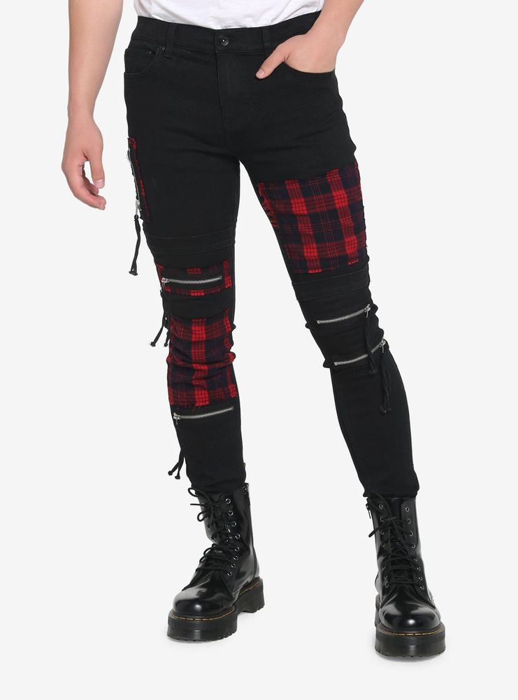 Hot Topic Black & Red Plaid Patch Stinger Jeans