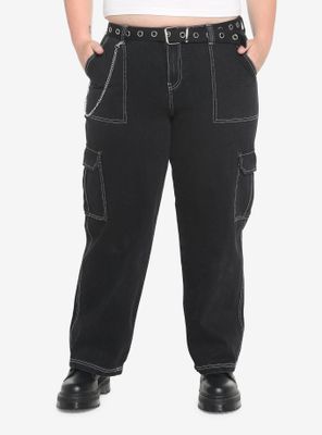 Black Cargo Side Chain Carpenter Pants With Belt Plus