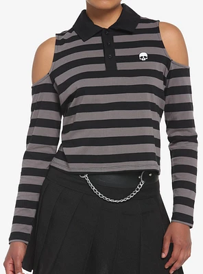 Black & Grey Stripe Cold Shoulder Girls Long-Sleeve Polo Shirt