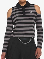 Black & Grey Stripe Cold Shoulder Girls Long-Sleeve Polo Shirt