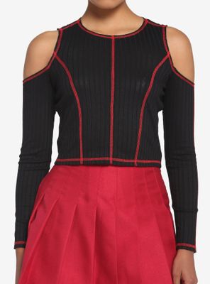 Black & Red Contrast Stitch Cold Shoulder Girls Crop Long-Sleeve Top