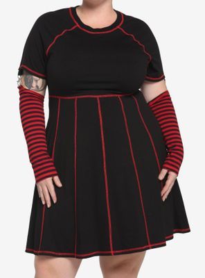 Black & Red Contrast Stitch Arm Warmer Dress Plus