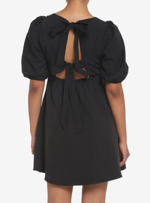 Black Back Tie Puff Sleeve Babydoll Dress