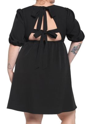Black Back Tie Puff Sleeve Babydoll Dress Plus