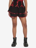 Black & Red Lace-Up Satin Trim Tiered Skirt