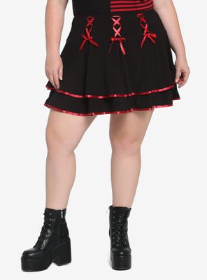 Black & Red Lace-Up Satin Trim Tiered Skirt Plus
