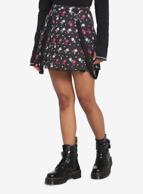 Black & Pink Skulls Pleated Suspender Skirt
