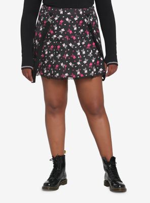 Black & Pink Skulls Pleated Suspender Skirt Plus
