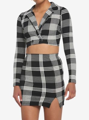 Black & White Plaid Crop Blazer Skirt Set