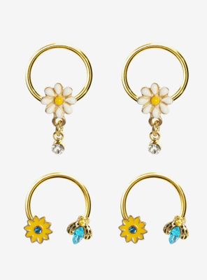Steel Gold Daisy Bumblebee Circular Barbell & Captive Hoop 4 Pack