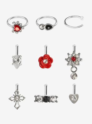 Steel Silver Gothic Romance Nose Stud & Hoop 9 Pack