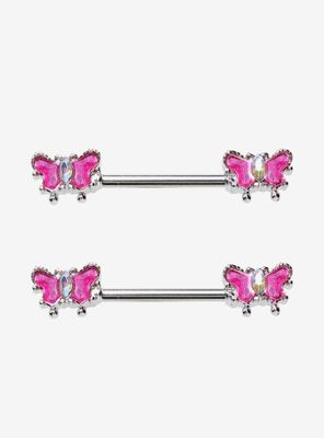 14G Steel Pink Butterfly Nipple Barbell 2 Pack