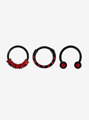 Steel Black Red Gem Septum Clicker & Curved Barbell 3 Pack