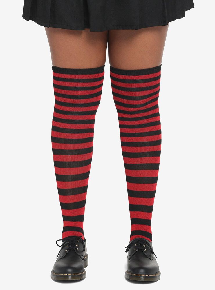 Red & Black Stripe Thigh-High Socks Plus Size