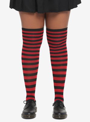 Red & Black Stripe Thigh-High Socks Plus Size