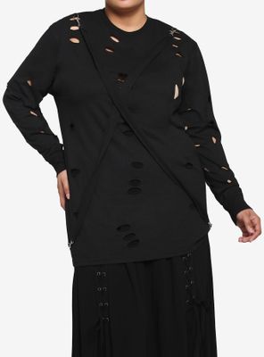 Black Distressed Front Suspender Oversized Girls Long-Sleeve T-Shirt Plus