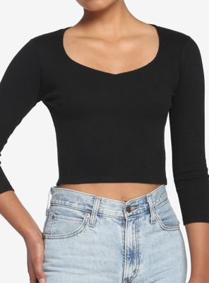 Black Ribbed Girls Crop Long-Sleeve T-Shirt