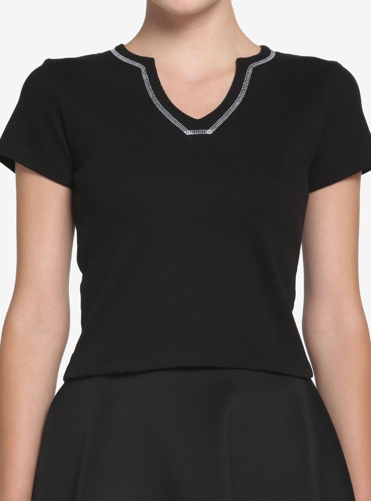 Black & White Contrast Stitch Girls Crop T-Shirt