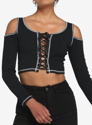 Lace-Up Contrast Ribbed Cold Shoulder Girls Crop Long-Sleeve Top