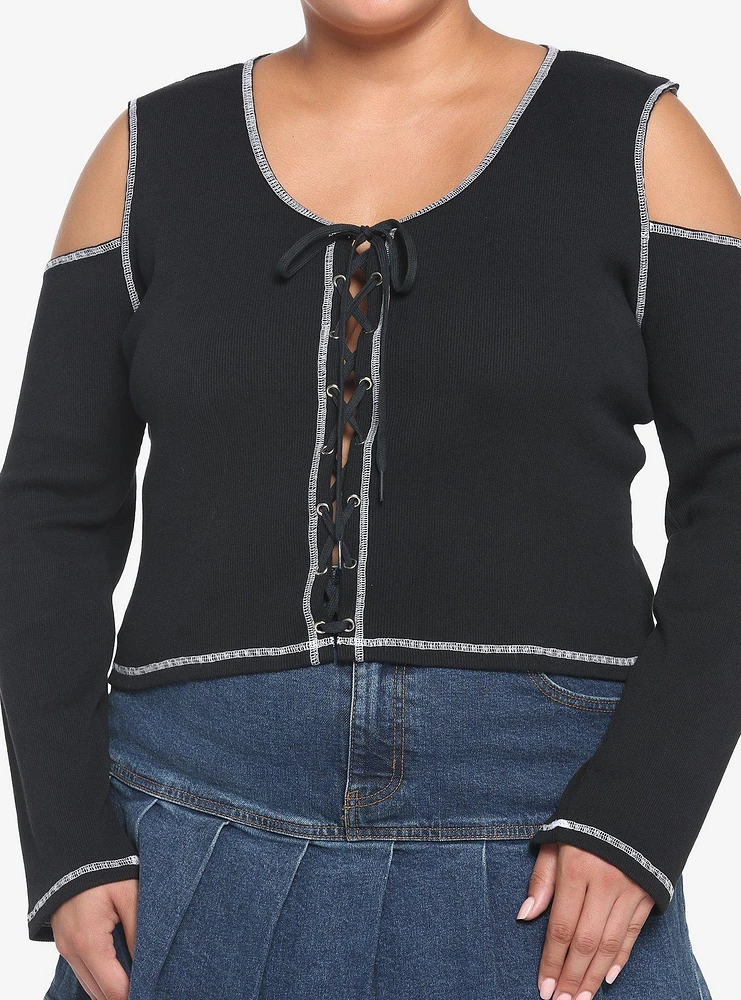 Lace-Up Contrast Ribbed Cold Shoulder Girls Crop Long-Sleeve Top Plus Size