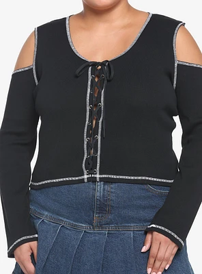 Lace-Up Contrast Ribbed Cold Shoulder Girls Crop Long-Sleeve Top Plus Size