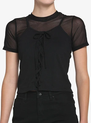 Black Front Lace Girls Twofer T-Shirt