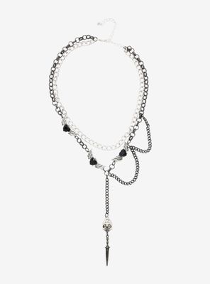 Winged Heart Skull Drop Chain Lariat Necklace