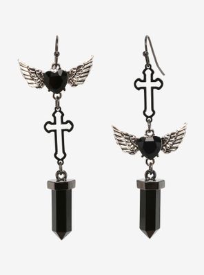Black Cross Winged Heart Crystal Drop Mismatch Earrings