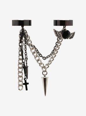 Black Winged Heart Cross Charms Two-Finger Ring