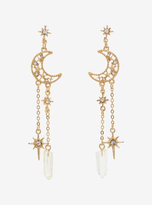 Sparkly Moon Crystal Star Drop Chain Earrings