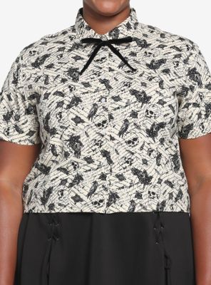 Ivory Raven Skull Girls Crop Woven Button-Up Plus
