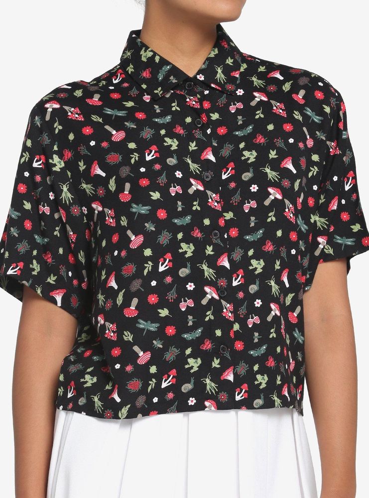 Black Mushroom Frog Boxy Girls Woven Button-Up