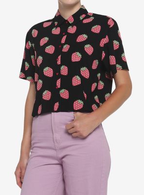 Black Strawberry Girls Crop Woven Button-Up