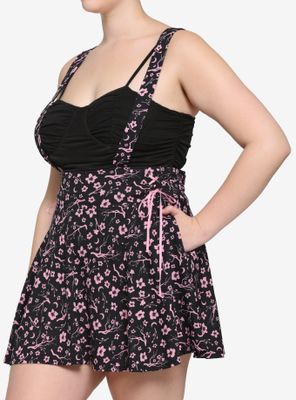 Black & Pink Sakura Blossom Lace-Up Suspender Skirt Plus