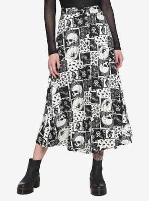 Skull Spider Raven Patchwork Midi Skirt