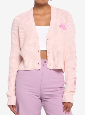 Pink Sakura Oversized Girls Crop Cardigan