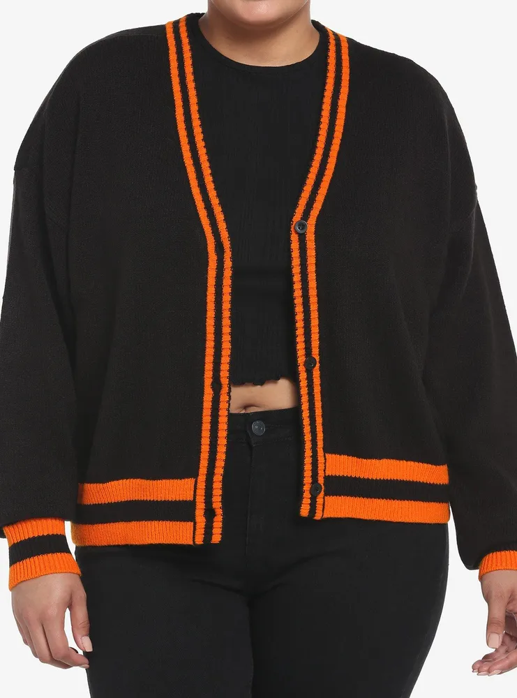 Black & Orange Varsity Stripe Crop Girls Cardigan Plus