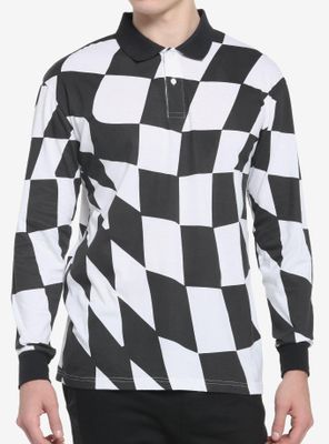 Black & White Checkered Long-Sleeve Polo Shirt
