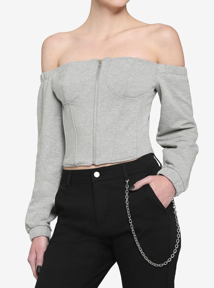 Grey Zipper Corset Long-Sleeve Top