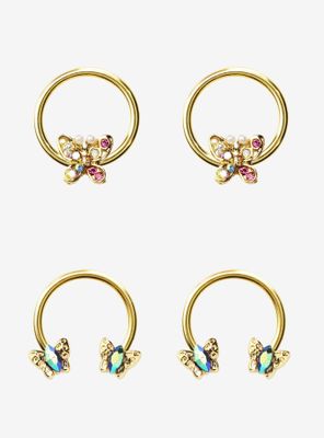 Steel Gold Bejeweled Butterflies Curved Barbell & Captive Hoop 4 Pack