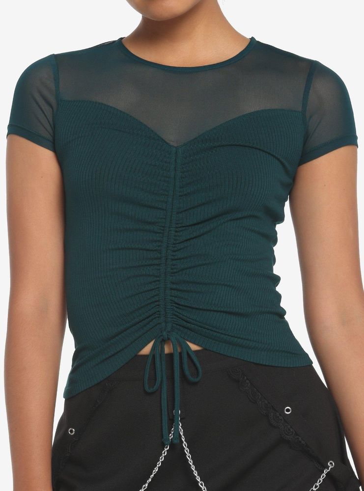 Teal Ruched Mesh Girls Top