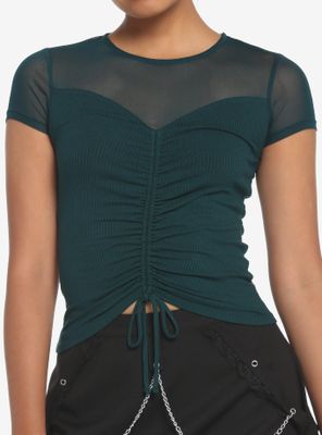 Teal Ruched Mesh Girls Top