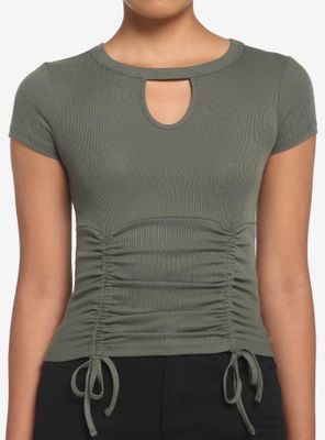 Olive Green Double Ruched Girls Crop Top